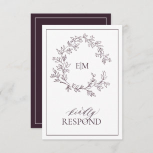 Plum Paarse Leafy Crest Monogram Wedding RSVP Card