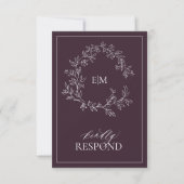 Plum Paarse Leafy Crest Monogram Wedding RSVP Card Kaartje (Voorkant)