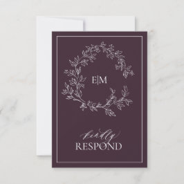 Plum Paarse Leafy Crest Monogram Wedding RSVP Card Kaartje