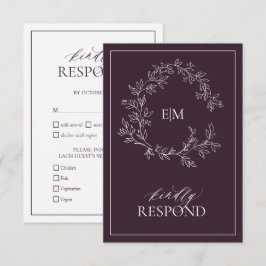 Plum Paarse Leafy Crest Monogram Wedding RSVP Card Kaartje