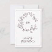 Plum Paarse Leafy Crest Monogram Wedding RSVP Card Kaartje (Voorkant)
