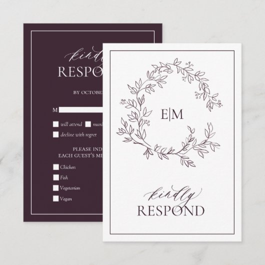 Plum Paarse Leafy Crest Monogram Wedding RSVP Card Kaartje (Voorkant / Achterkant)