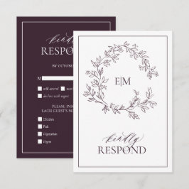 Plum Paarse Leafy Crest Monogram Wedding RSVP Card Kaartje