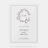 Plum Paarse Leafy Crest Monogram Welkomstbruiloft Acryl Bord (Voorkant)