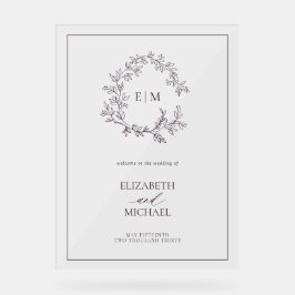 Plum Paarse Leafy Crest Monogram Welkomstbruiloft Acryl Bord