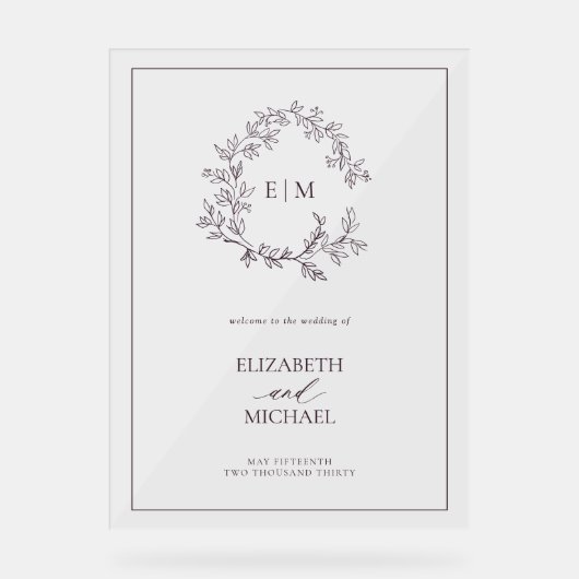 Plum Paarse Leafy Crest Monogram Welkomstbruiloft Acryl Bord (Voorkant)