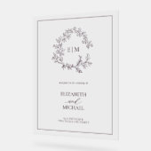 Plum Paarse Leafy Crest Monogram Welkomstbruiloft Acryl Bord (Hoek)