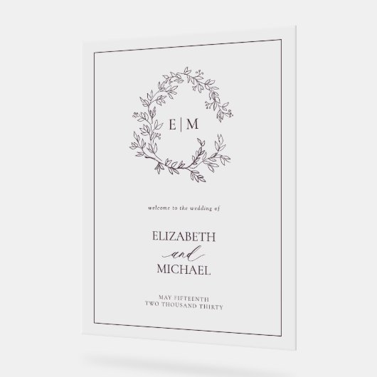 Plum Paarse Leafy Crest Monogram Welkomstbruiloft Acryl Bord (Hoek)