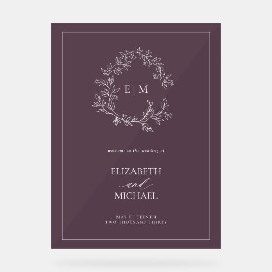 Plum Paarse Leafy Crest Monogram Welkomstbruiloft Acryl Bord (Voorkant)