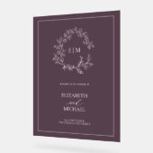 Plum Paarse Leafy Crest Monogram Welkomstbruiloft Acryl Bord (Hoek)