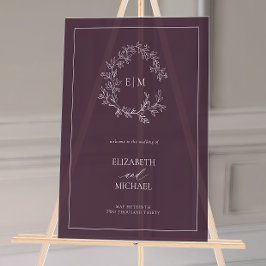 Plum Paarse Leafy Crest Monogram Welkomstbruiloft Acryl Bord