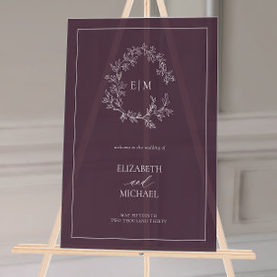 Plum Paarse Leafy Crest Monogram Welkomstbruiloft Acryl Bord