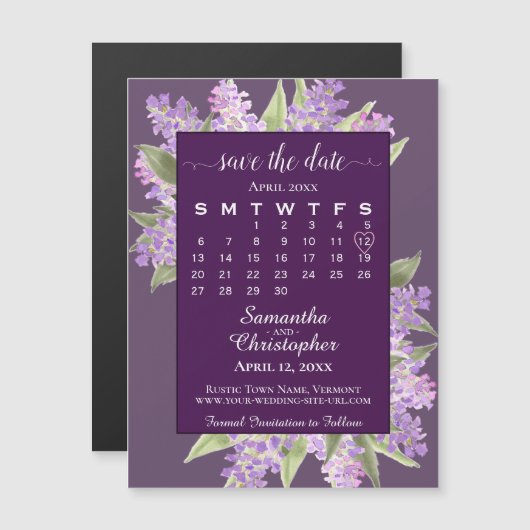 Plum Paarse Lilacs Bruiloft Save the Date Kalender Magnetische Uitnodiging (Voorkant / Achterkant)
