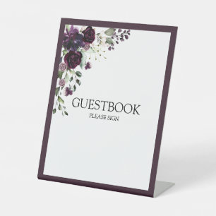 Plum Paarse Mauve Floral Waterverf Guestbook Reclamebord Met Voetstuk