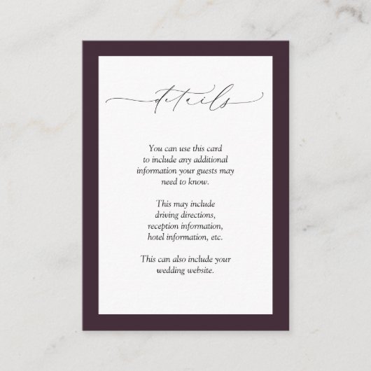 Plum Paarse Mauve Floral Waterverf Wedding Detail Informatiekaartje (Voorkant)