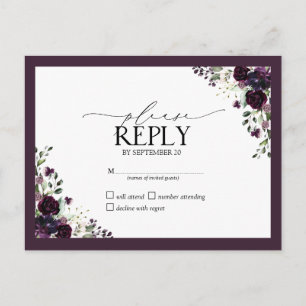 Plum Paarse Mauve Waterverf Floral Wedding RSVP Uitnodiging Briefkaart
