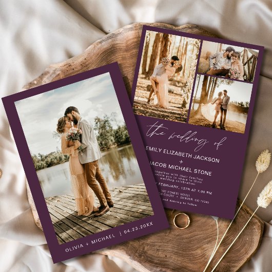 Plum Paarse minimalistische elegante foto bruiloft Kaart