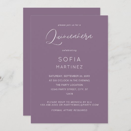 Plum Paarse MOD Calligraphy Quinceanera Kaart (Voorkant / Achterkant)