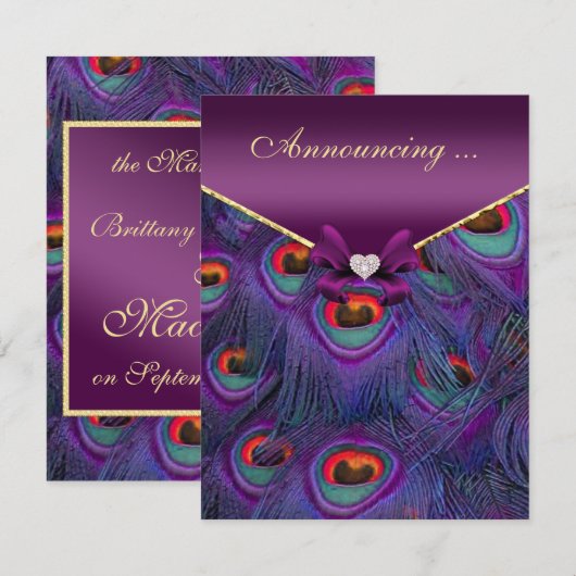Plum Paarse pauw huwelijksaankondiging Kaart (Voorkant / Achterkant)