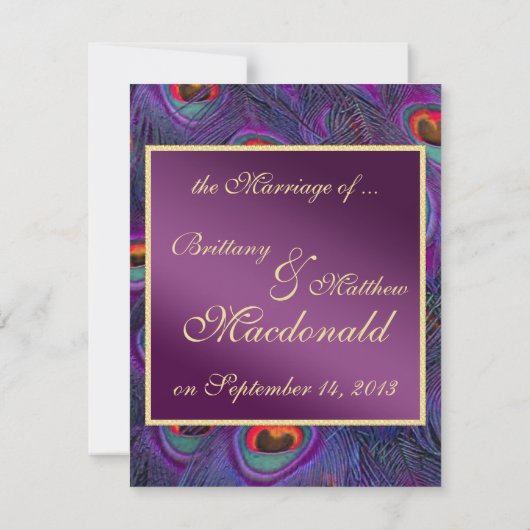 Plum Paarse Pauw Trouwaankondiging Kaart (Achterkant)