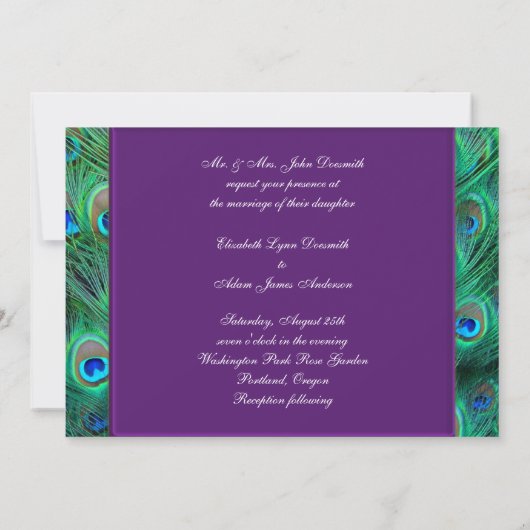 Plum Paarse Peacock Wedding Invitation Kaart (Achterkant)
