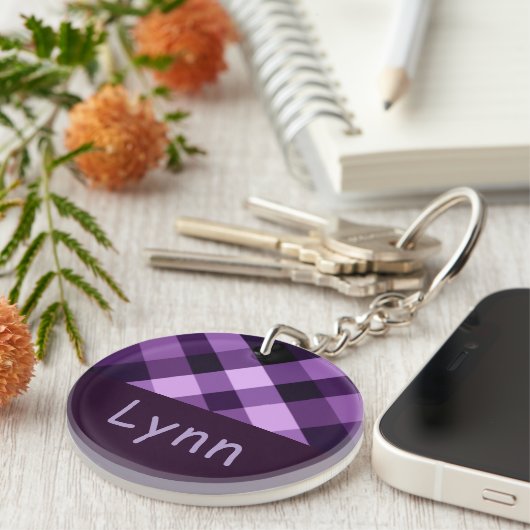 Plum Paarse Plaid Monogram Circle Sleutelhanger (Voorkant Rechts)