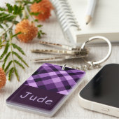Plum Paarse Plaid Monogram Rechthoek Sleutelhanger (Voorkant Rechts)
