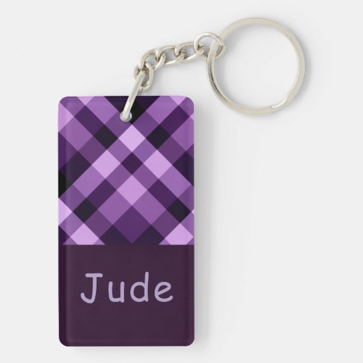 Plum Paarse Plaid Monogram Rechthoek Sleutelhanger (achterkant)