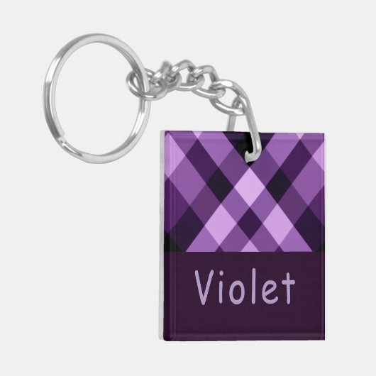 Plum Paarse Plaid Monogram Vierkante Sleutelhanger (Voorkant Links)