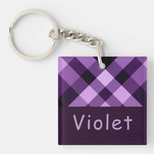 Plum Paarse Plaid Monogram Vierkante Sleutelhanger (Voorkant)