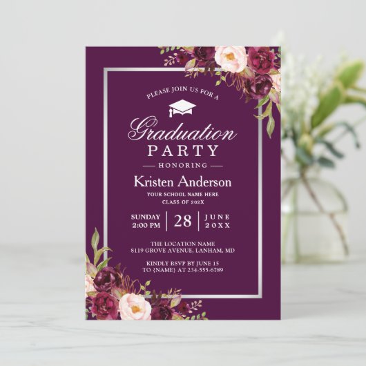 Plum Paarse Rustic Floral Graduy Party Kaart (Staand voorkant)
