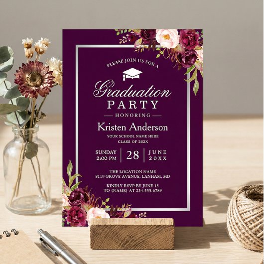 Plum Paarse Rustic Floral Graduy Party Kaart