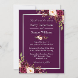 Plum Paarse Rustic Floral Silver Grey Fall Wedding Kaart