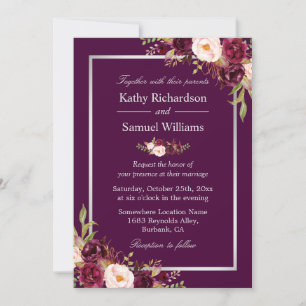 Plum Paarse Rustic Floral Silver Grey Fall Wedding Kaart