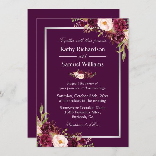 Plum Paarse Rustic Floral Silver Grey Fall Wedding Kaart (Voorkant / Achterkant)