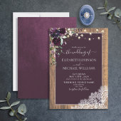 Plum Paarse Rustic Wood Lace Script Weddenschap Kaart