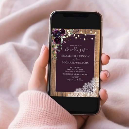 Plum Paarse Rustic Wood Lace Script Weddenschap Kaart