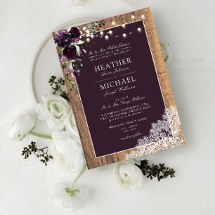 Plum Paarse Rustic Wood Lace Script Wedding Invita Kaart