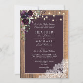 Plum Paarse Rustic Wood Lace Script Wedding Invita Kaart (Voorkant)