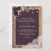 Plum Paarse Rustic Wood Lace Script Wedding Invita Kaart (Voorkant)