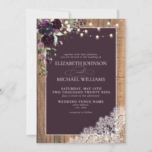 Plum Paarse Rustic Wood Lace Script Wedding Invita Kaart (Voorkant)