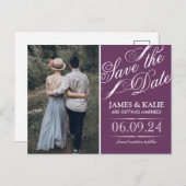 Plum Paarse Script Foto Opslaan van de datum Aankondigingskaart (Voorkant / Achterkant)