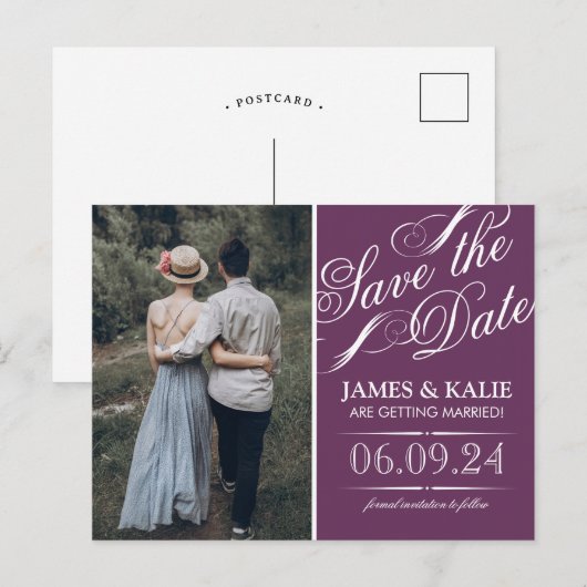 Plum Paarse  Script Foto Opslaan van de datum Aankondigingskaart (Voorkant / Achterkant)