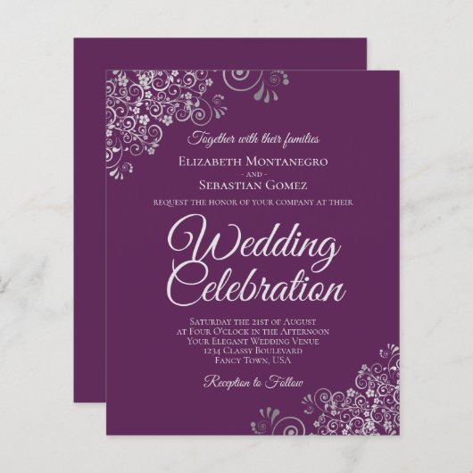 Plum Paarse & Silver BUDGET Uitnodiging voor het H (Voorkant / Achterkant)