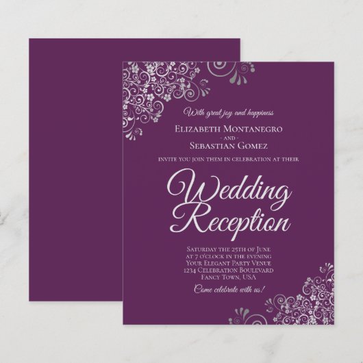 Plum Paarse Silver Wedding Receptie Budget Uitnodi (Voorkant / Achterkant)