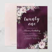 Plum paarse & stoffige roze boho bloemen 21ste ver kaart (Voorkant / Achterkant)