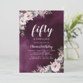 Plum paarse & stoffige roze boho bloemen 50ste ver kaart (Staand voorkant)