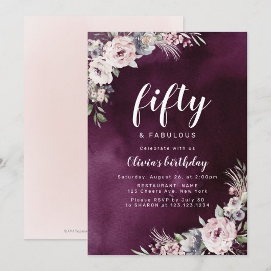 Plum paarse & stoffige roze boho bloemen 50ste ver kaart (Voorkant / Achterkant)