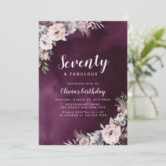 Plum paarse & stoffige roze boho bloemen 70ste ver kaart (Staand voorkant)