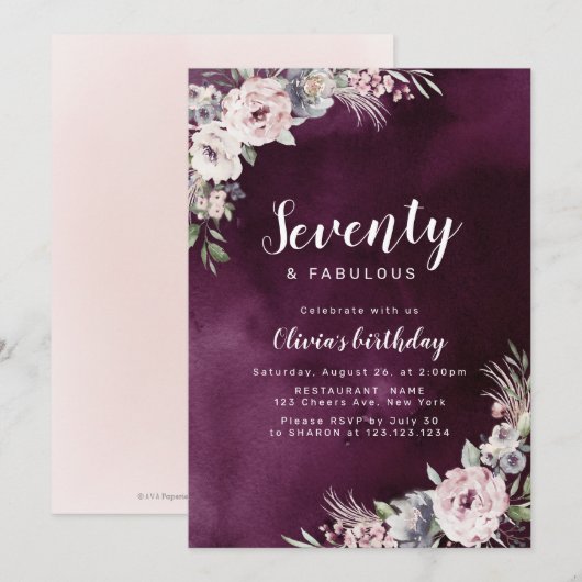 Plum paarse & stoffige roze boho bloemen 70ste ver kaart (Voorkant / Achterkant)